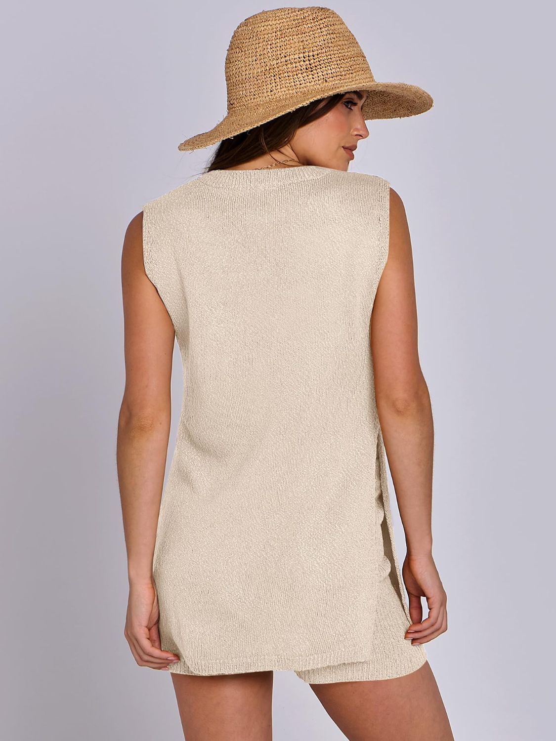 Mandy Side Slit Round Neck Tank and Shorts Sweater Set - Drazelle Store