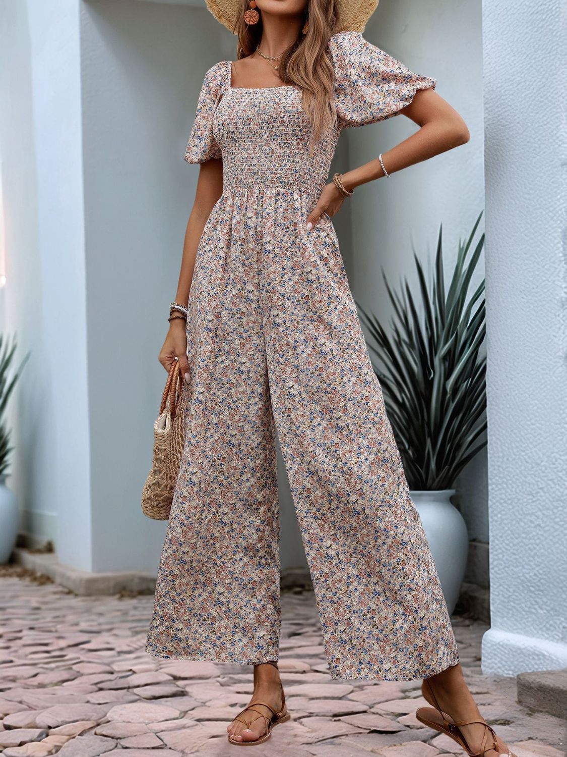 Floral Smocked Square Neck Puff Sleeve Jumpsuit - Drazelle Store