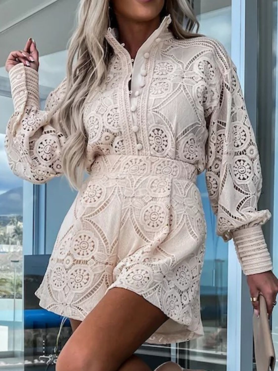 Lace Button Detail Long Sleeve Top and Shorts Set - Drazelle Store