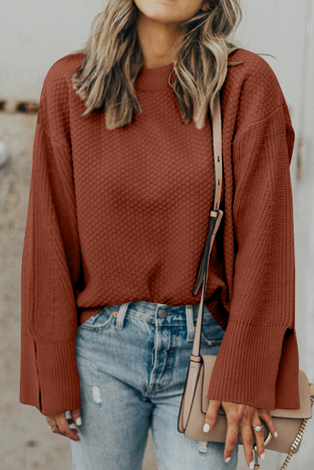Textured Round Neck Long Sleeve Sweater - Drazelle Store