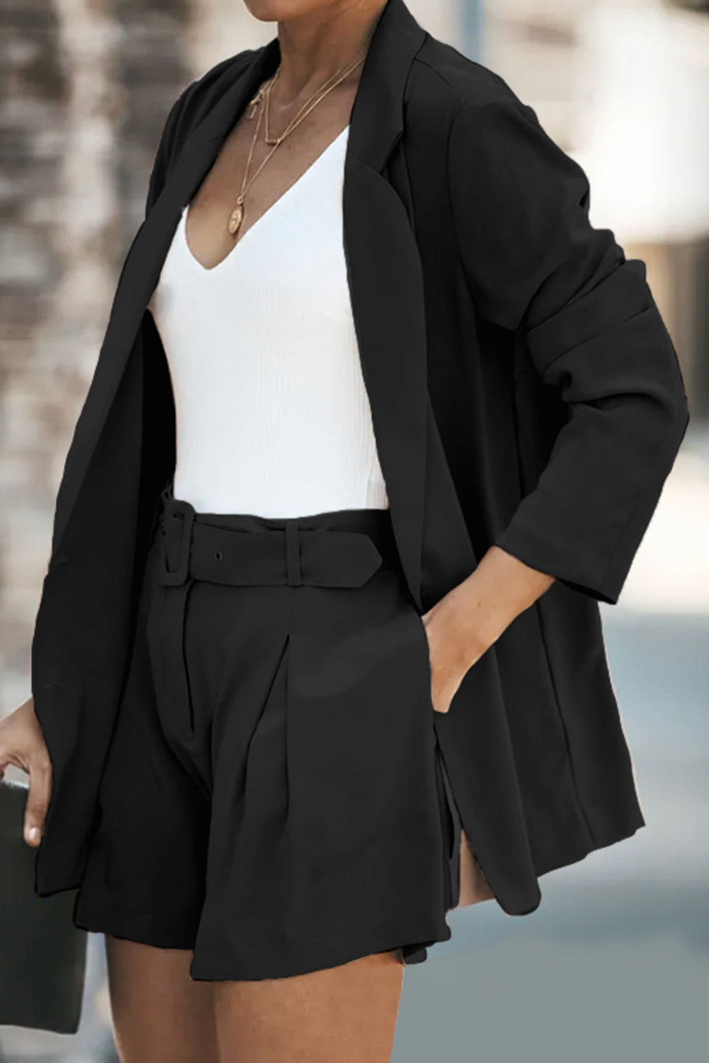 Longline Blazer and Shorts Set with Pockets - Drazelle Store