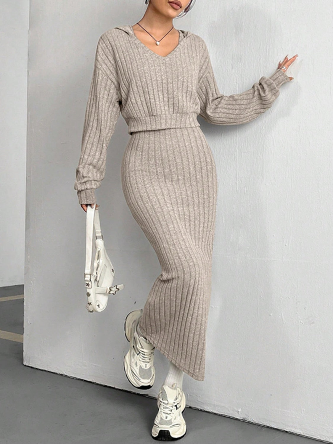 Ribbed Cropped Hooded Top and V-Neck Tank Dress Set - Drazelle Store