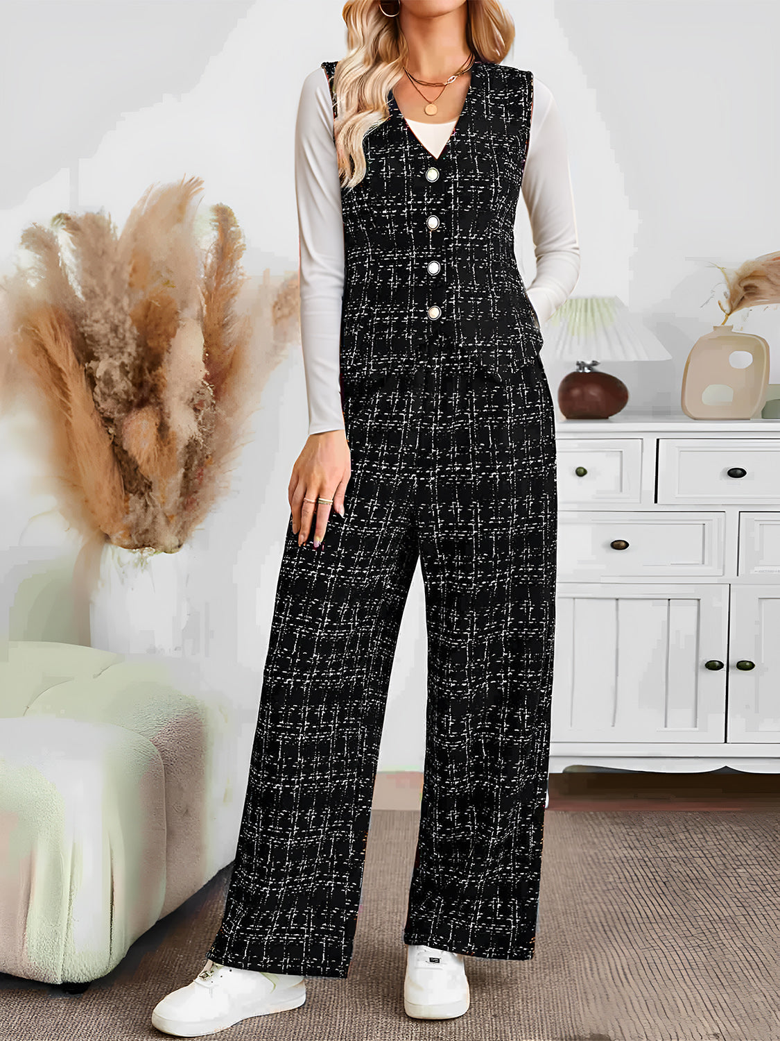 Plaid V-Neck Button Up Vest and Pants Set - Drazelle Store