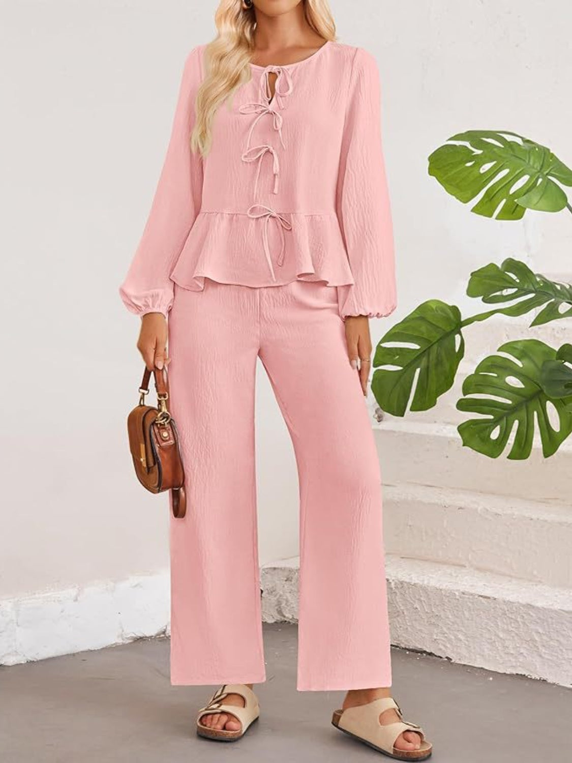 Tie Neck Balloon Sleeve Top and Pants Set - Drazelle Store