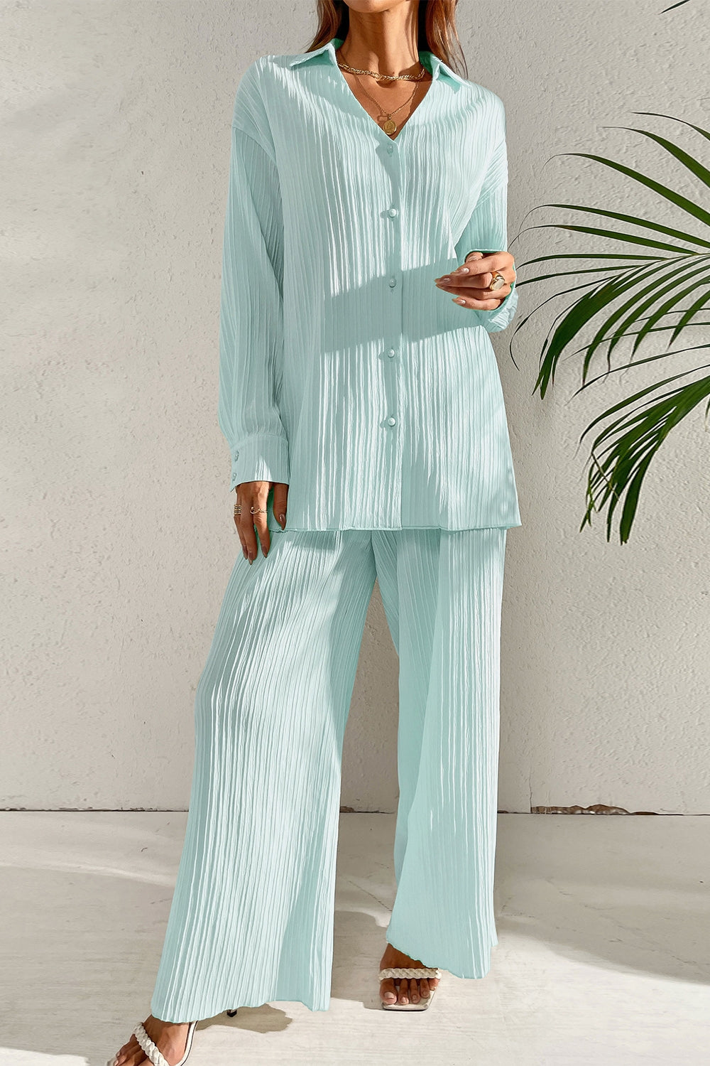 Johnny Collar Button Down Top and Pants Set - Drazelle Store