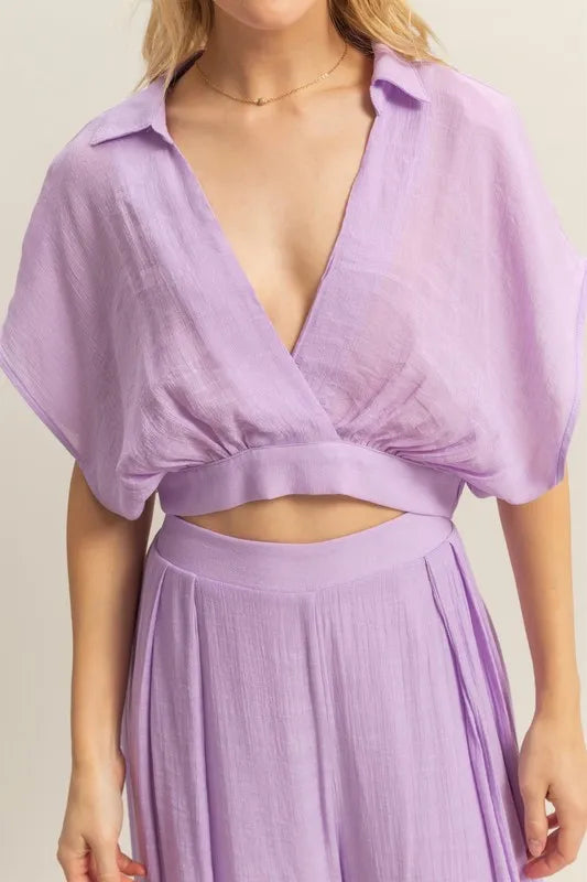 Kimono Sleeve Crop Top and Wide Leg Pants Set - Drazelle Store