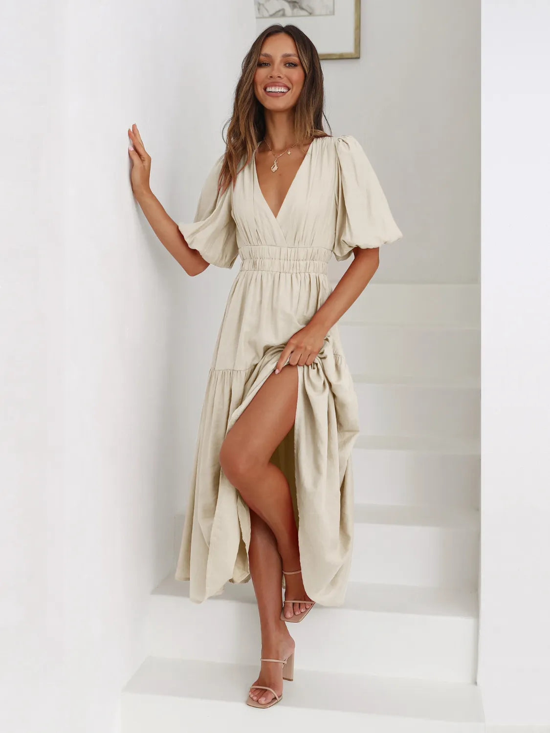 Tiered Surplice Half Sleeve Midi Dress - Drazelle Store