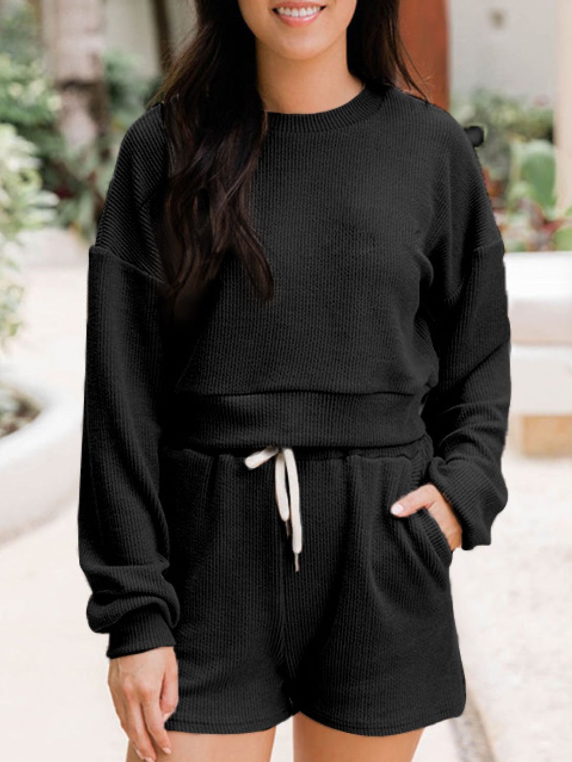 Ribbed Round Neck Long Sleeve Top and Shorts Set - Drazelle Store