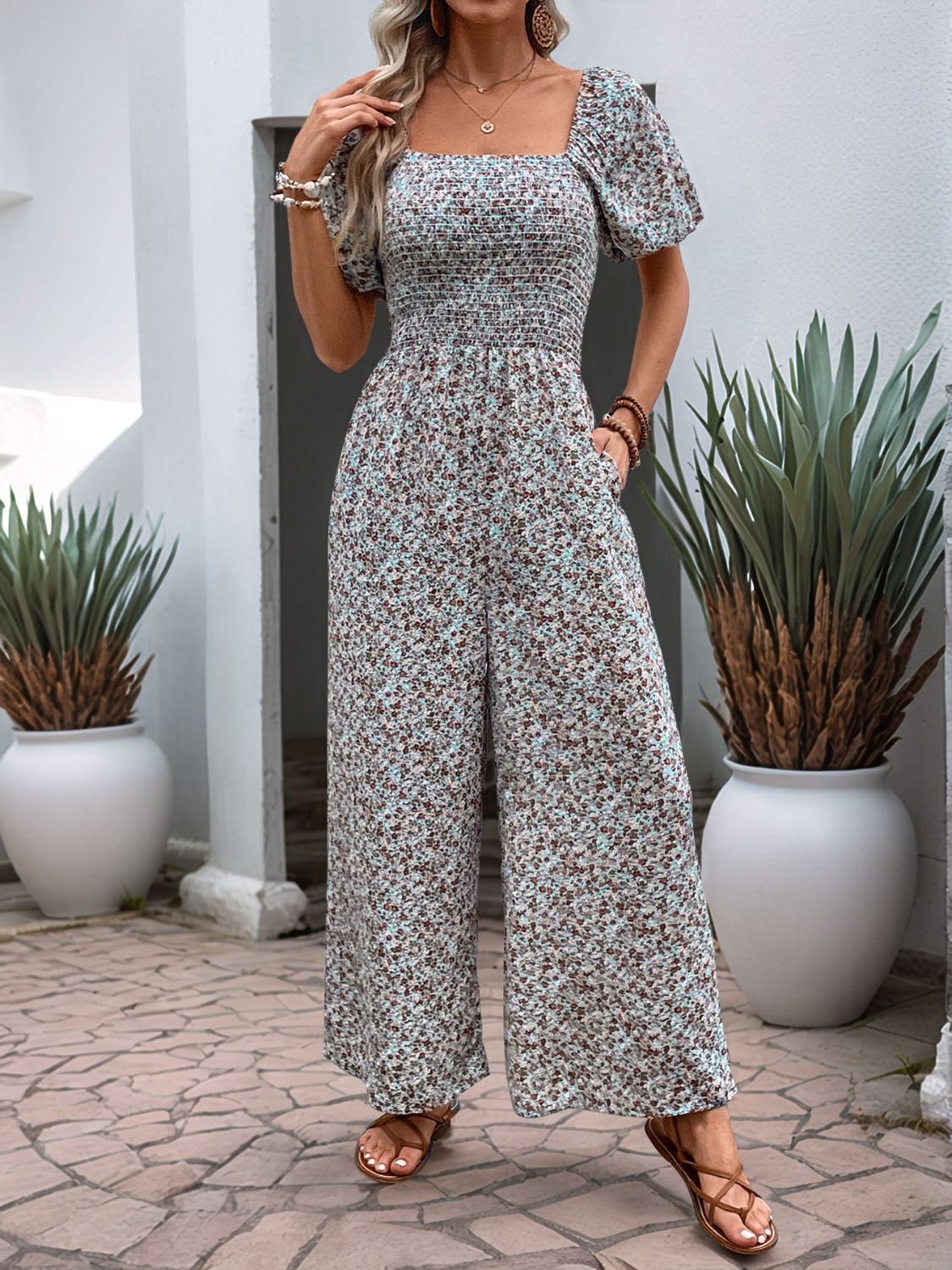 Floral Smocked Square Neck Puff Sleeve Jumpsuit - Drazelle Store