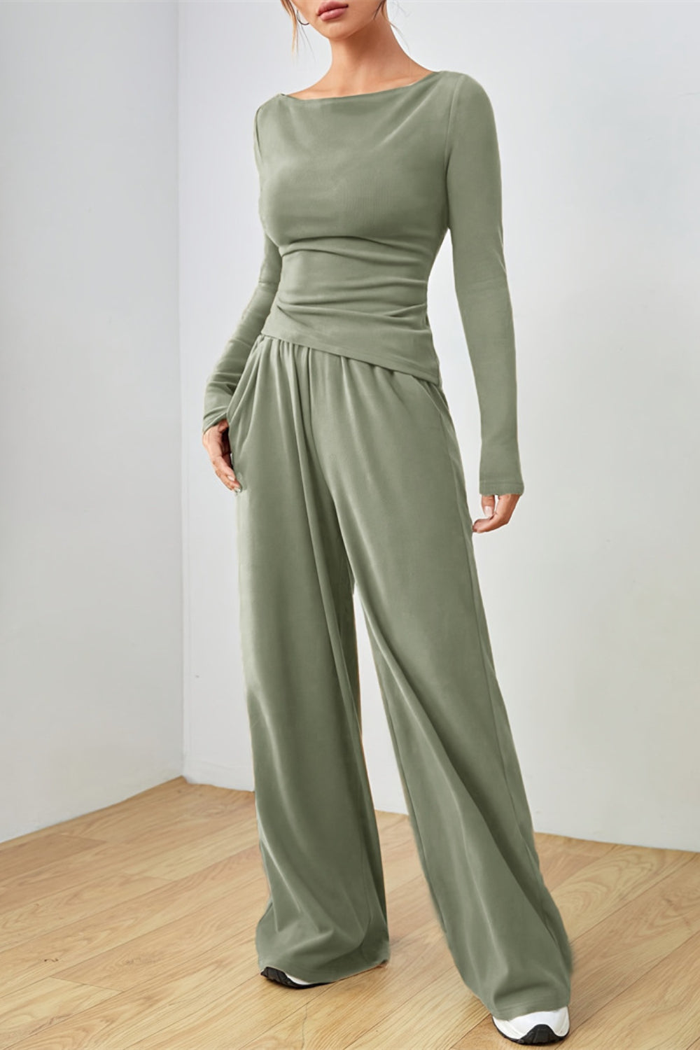 Boat Neck Long Sleeve Top and Pants Set - Drazelle Store