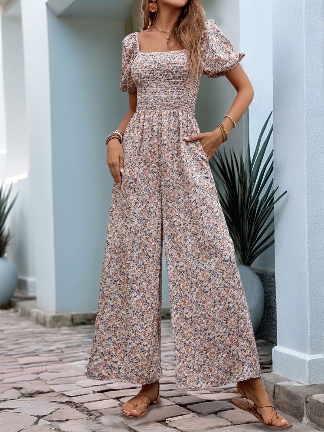 Floral Smocked Square Neck Puff Sleeve Jumpsuit - Drazelle Store