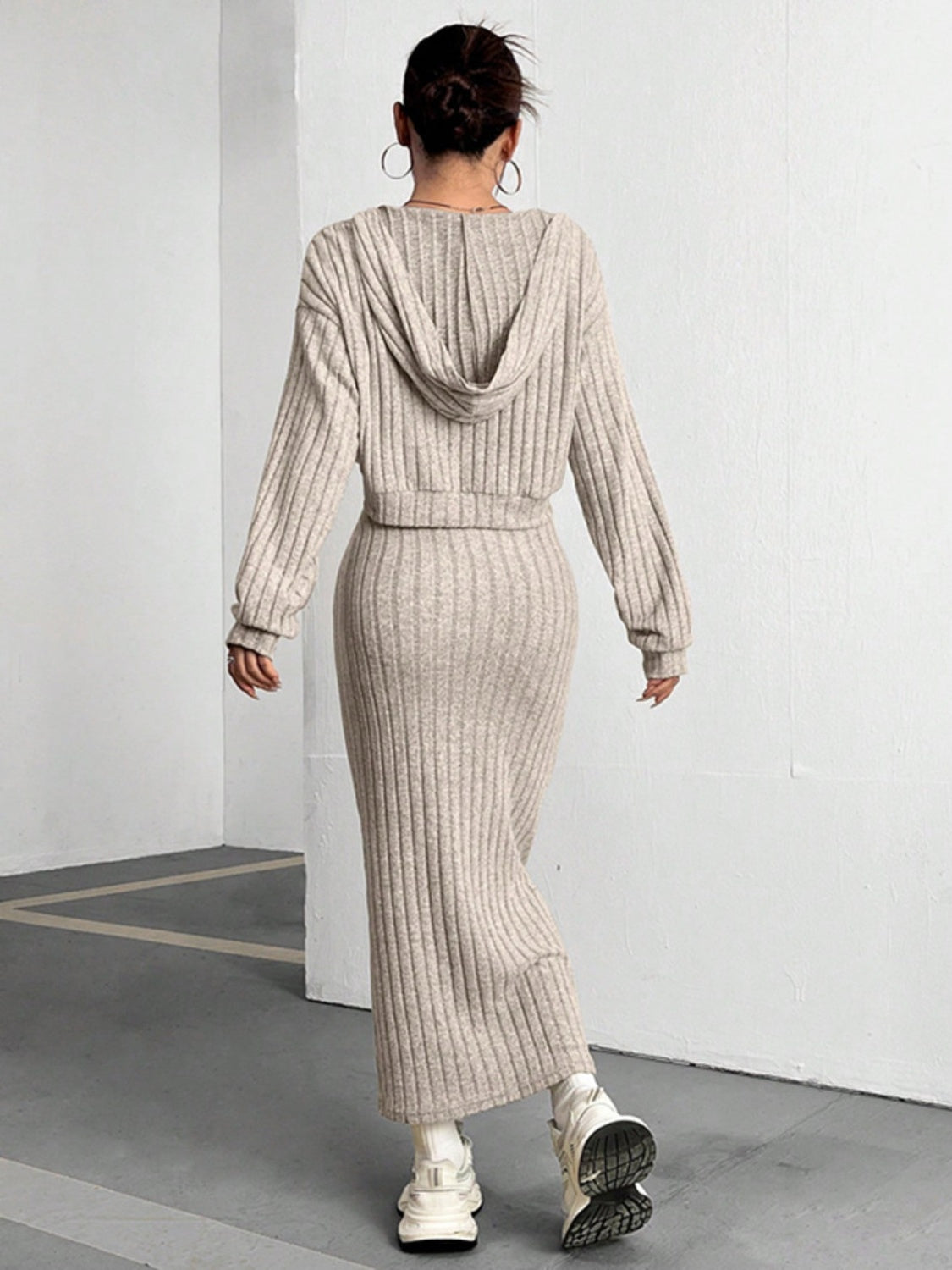 Ribbed Cropped Hooded Top and V-Neck Tank Dress Set - Drazelle Store