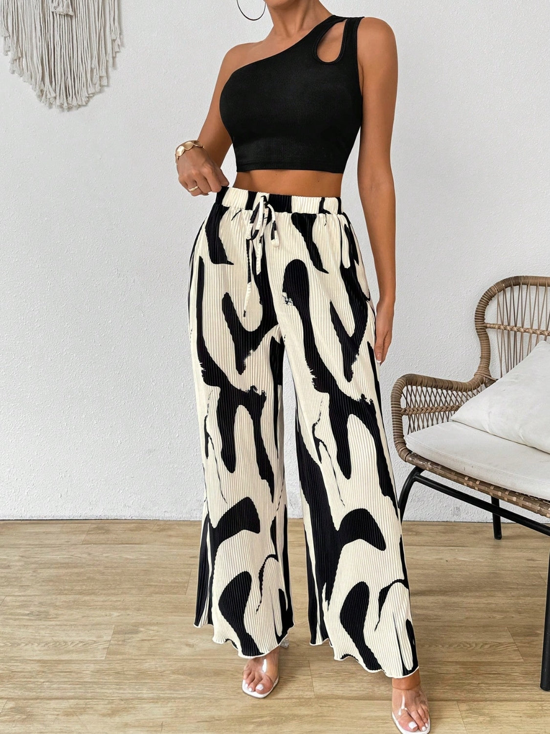 Cutout One Shoulder Top and Printed Pants Set - Drazelle Store
