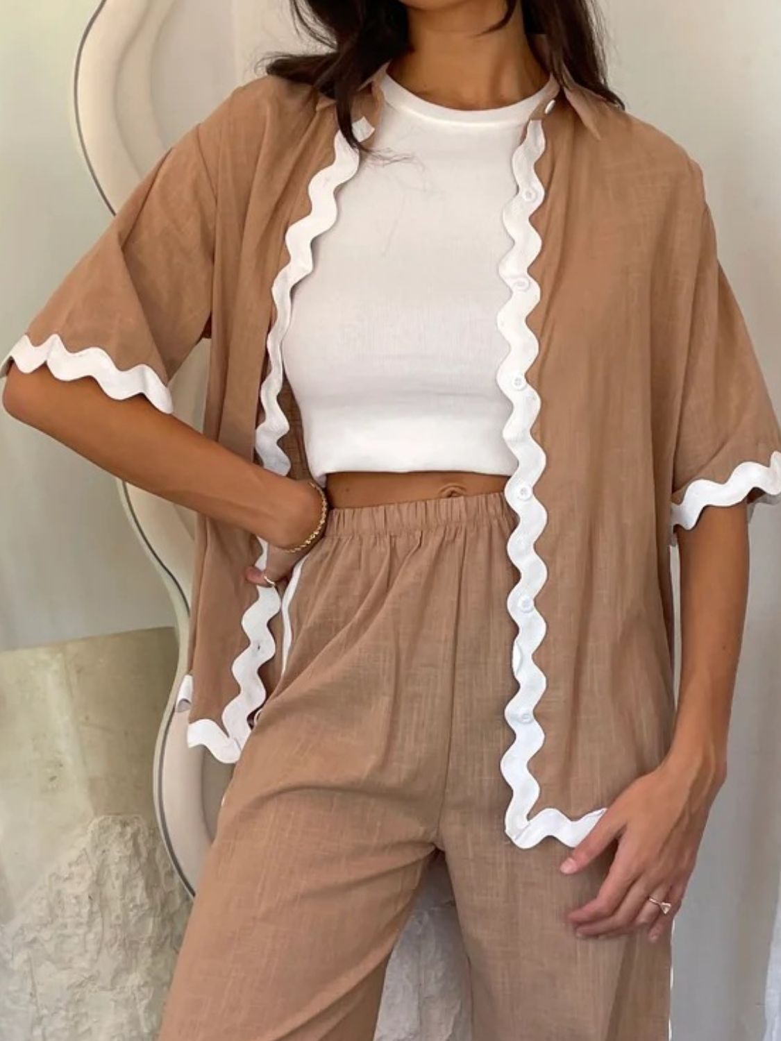 Contrast Trim Half Sleeve Top and Pants Set - Drazelle Store