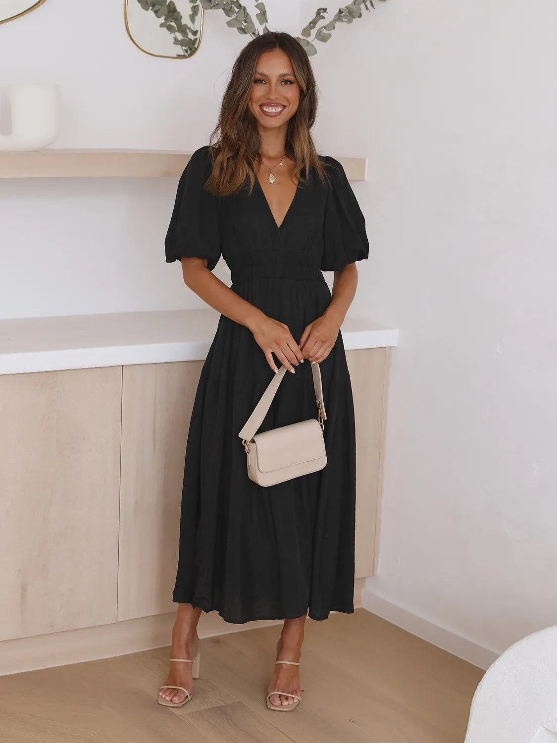 Tiered Surplice Half Sleeve Midi Dress - Drazelle Store