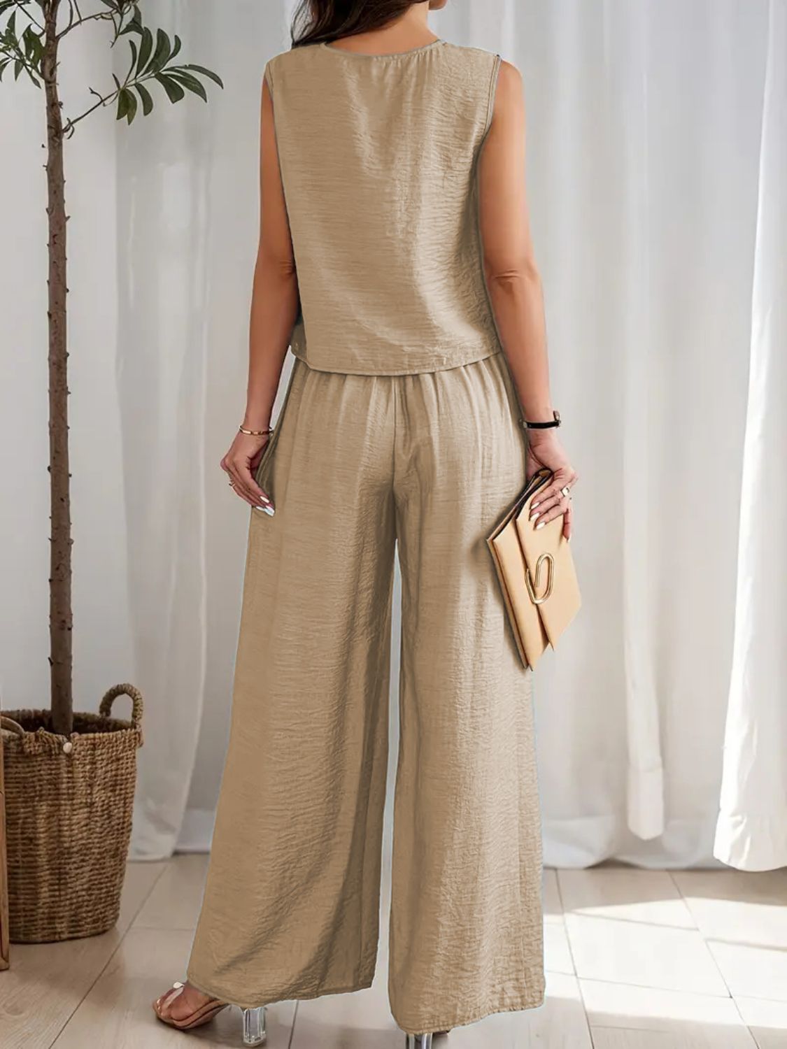 Round Neck Sleeveless Top and Wide Leg Pants Set - Drazelle Store