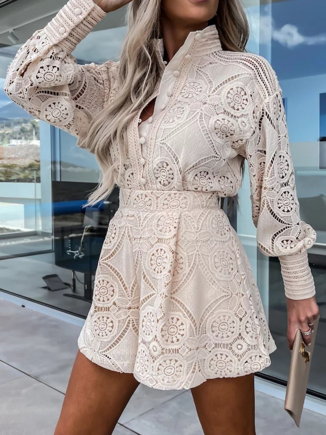 Lace Button Detail Long Sleeve Top and Shorts Set - Drazelle Store