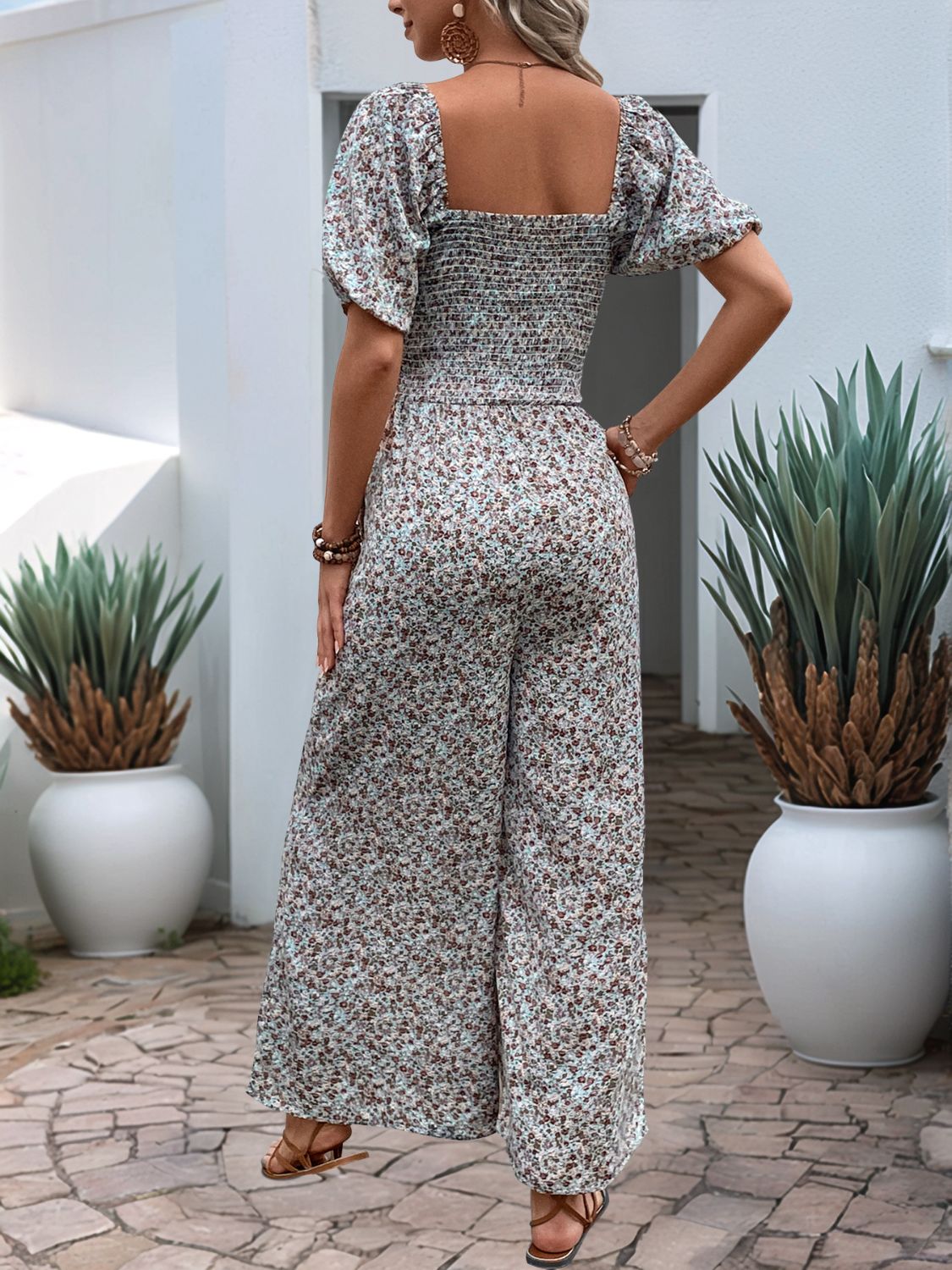 Floral Smocked Square Neck Puff Sleeve Jumpsuit - Drazelle Store