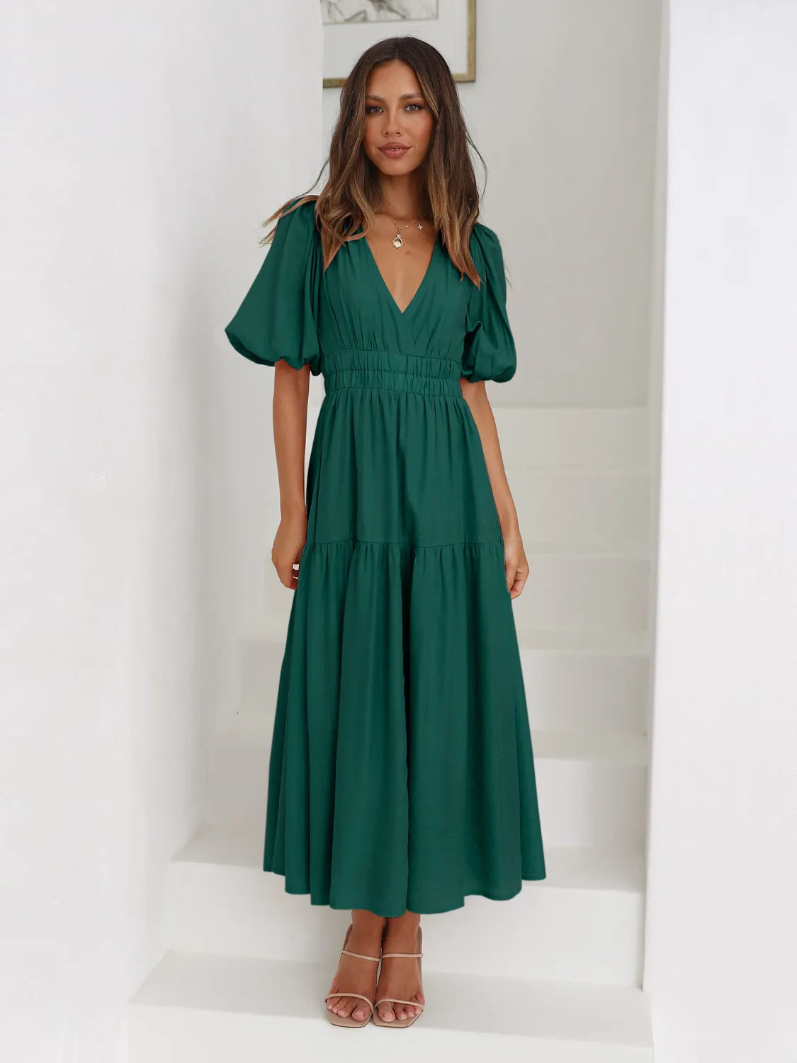 Tiered Surplice Half Sleeve Midi Dress - Drazelle Store
