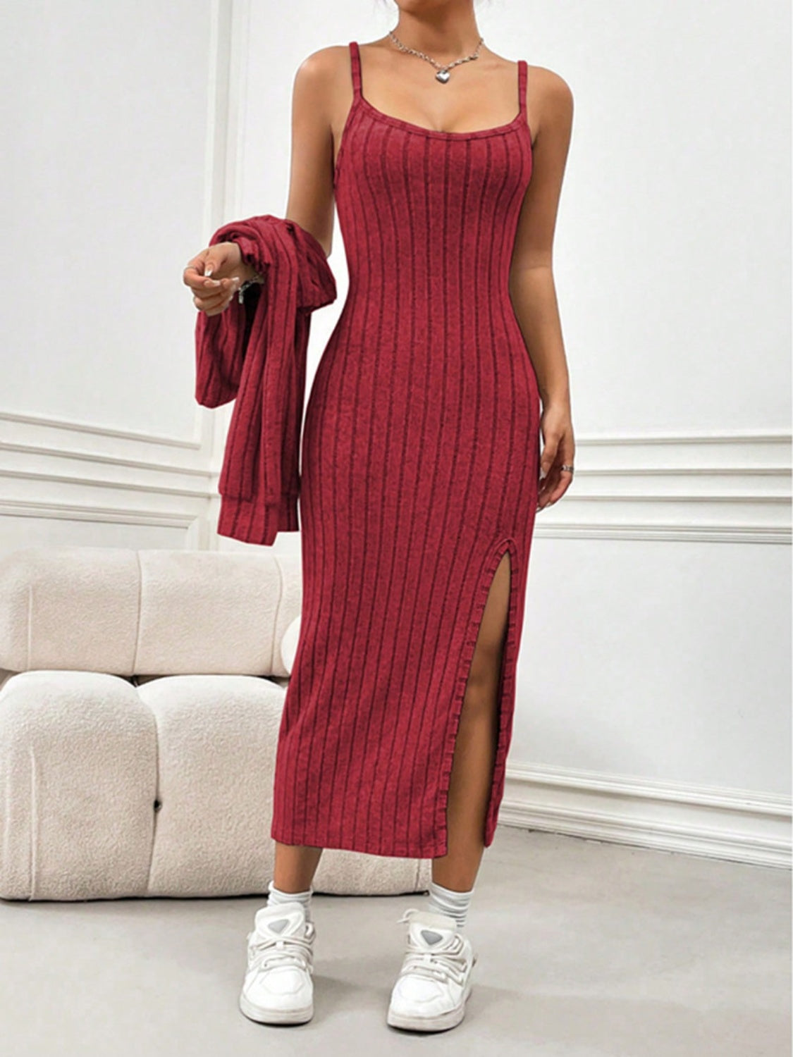 Ribbed Long Sleeve Cropped Cardigan and Slit Cami Dress Set - Drazelle Store