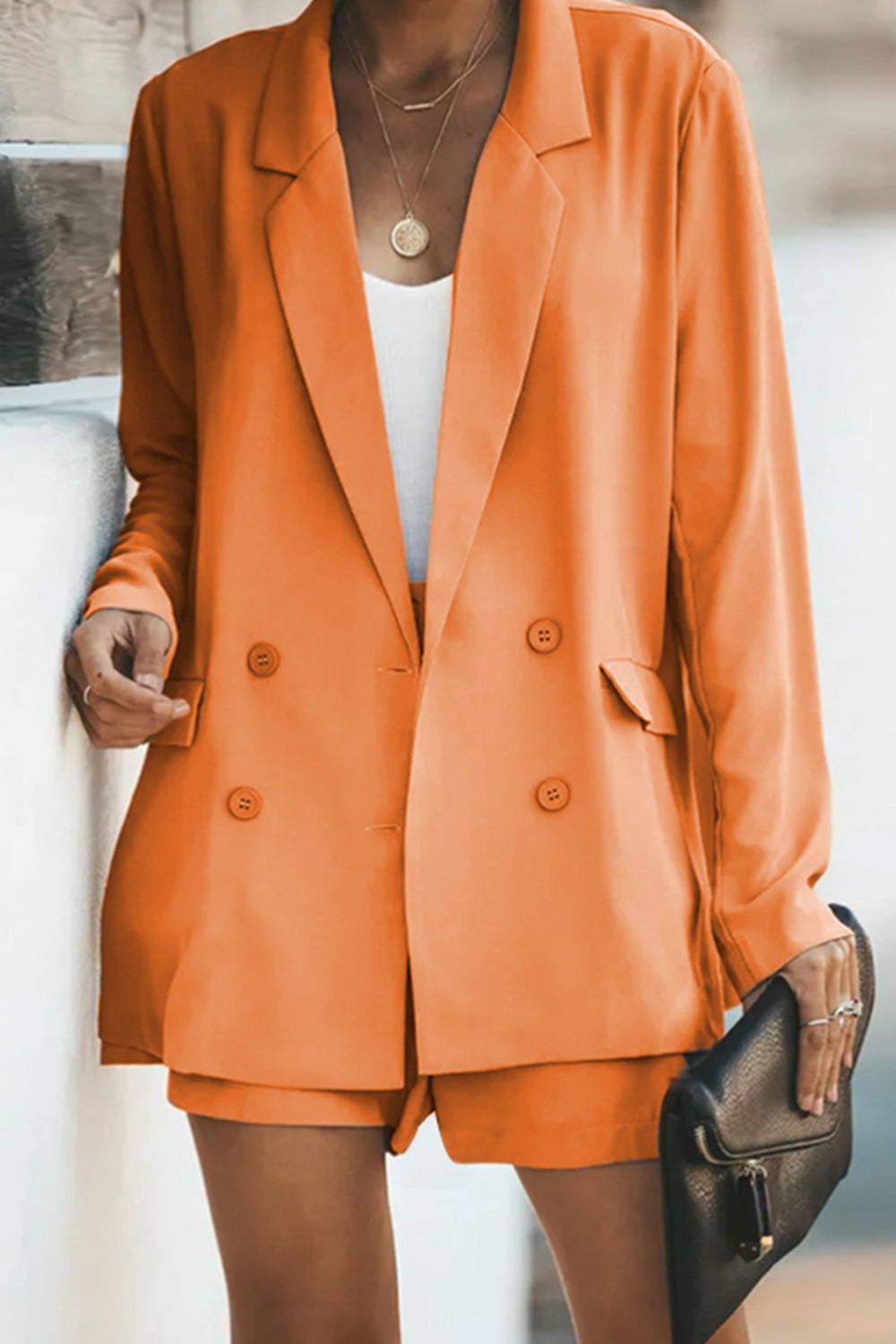 Longline Blazer and Shorts Set with Pockets - Drazelle Store