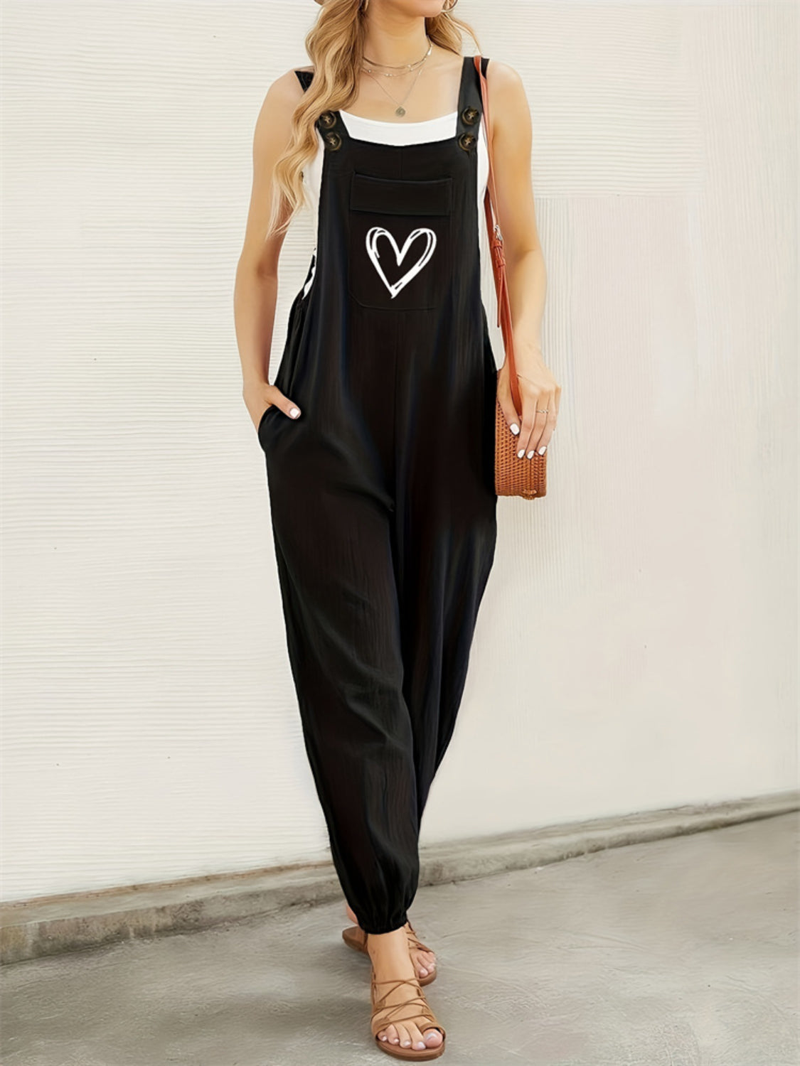 Heart Square Neck Wide Strap Overalls - Drazelle Store