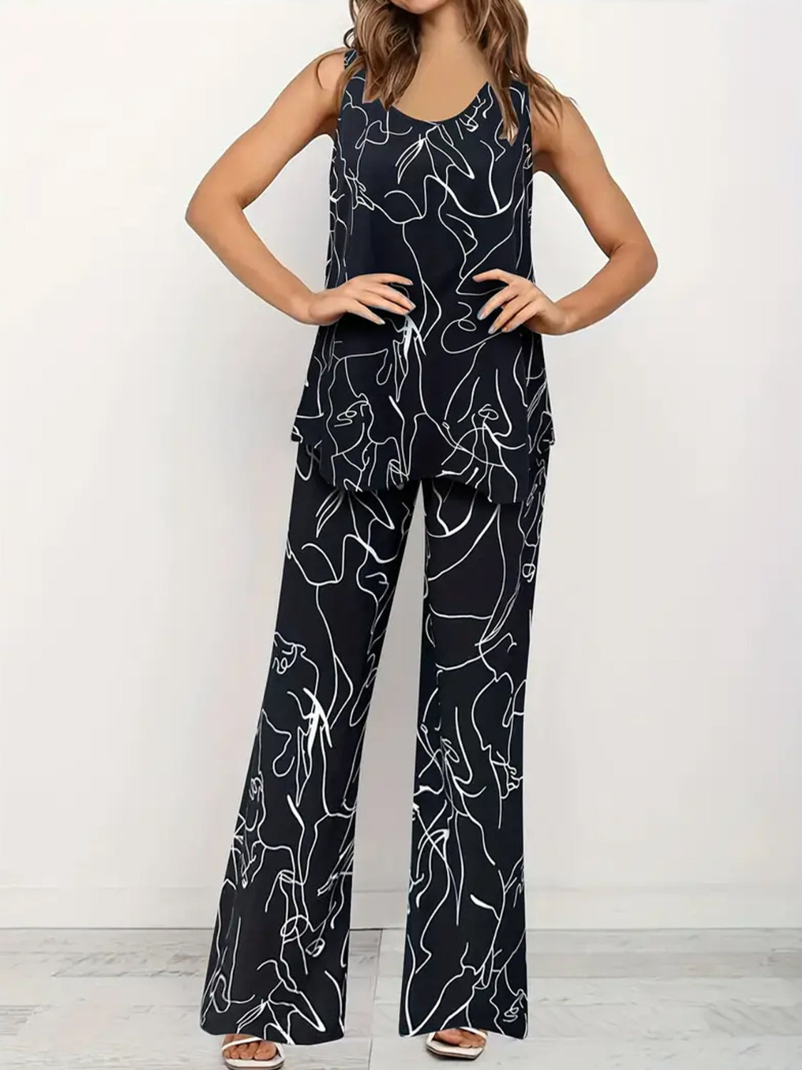 Abstract Print Round Neck Tank and Pants Set - Drazelle Store