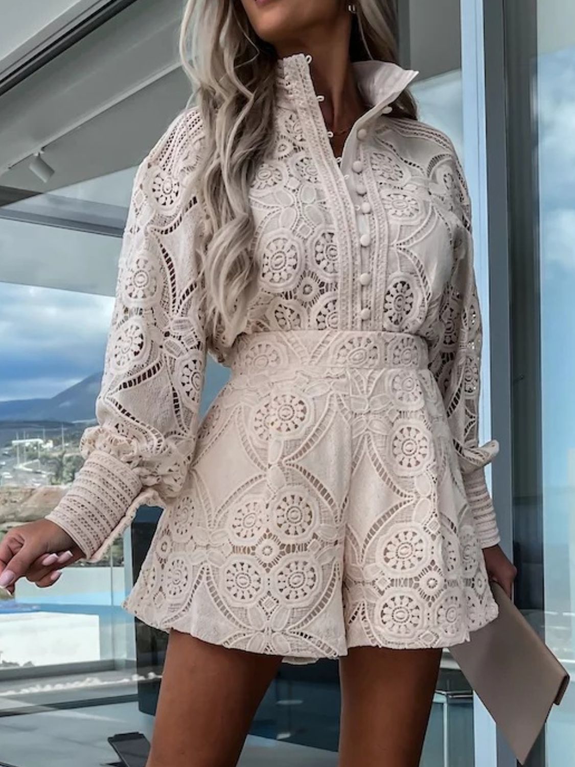 Lace Button Detail Long Sleeve Top and Shorts Set - Drazelle Store
