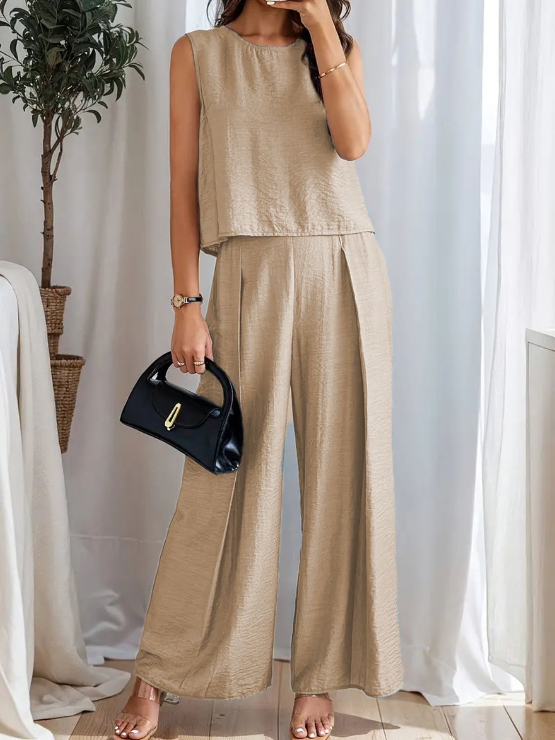 Round Neck Sleeveless Top and Wide Leg Pants Set - Drazelle Store