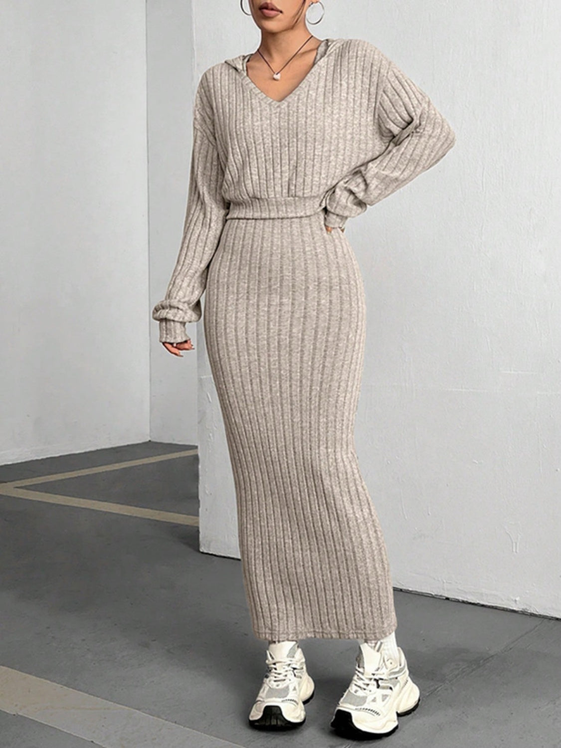 Ribbed Cropped Hooded Top and V-Neck Tank Dress Set - Drazelle Store