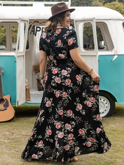 Plus Size Button Detail Printed Short Sleeve Maxi Dress - Drazelle Store