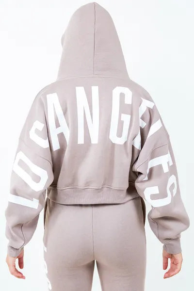 American Bazi Letter Graphic Long Sleeve Drawstring Cropped Hoodie - Drazelle Store