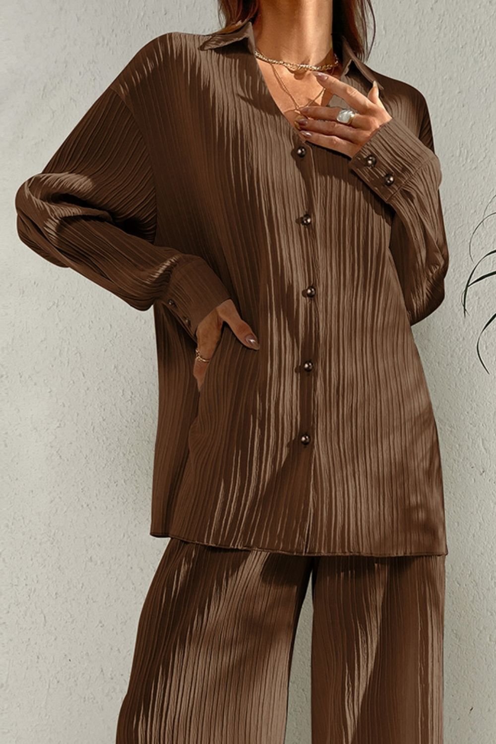 Johnny Collar Button Down Top and Pants Set - Drazelle Store