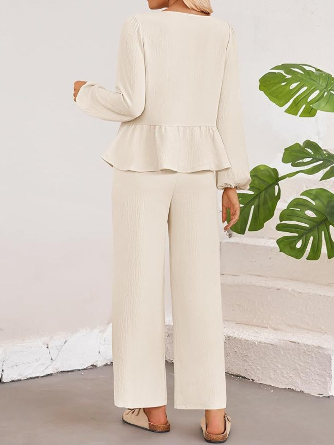 Tie Neck Balloon Sleeve Top and Pants Set - Drazelle Store