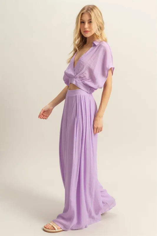 Kimono Sleeve Crop Top and Wide Leg Pants Set - Drazelle Store