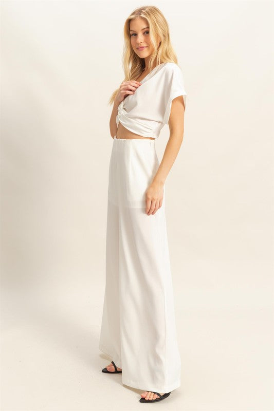 Twisted Front Short Sleeve Top and Wide Leg Pants Set - Drazelle Store