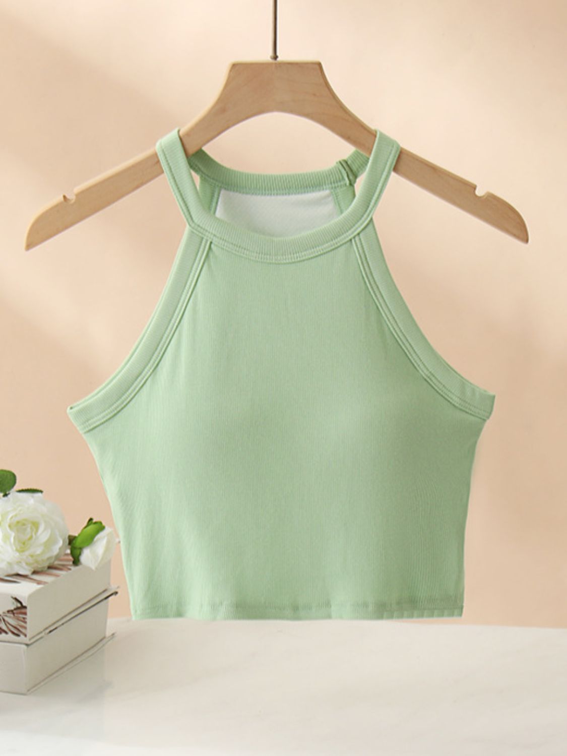 Ribbed Grecian Neck Cropped Tank with Chest Pads - Drazelle Store