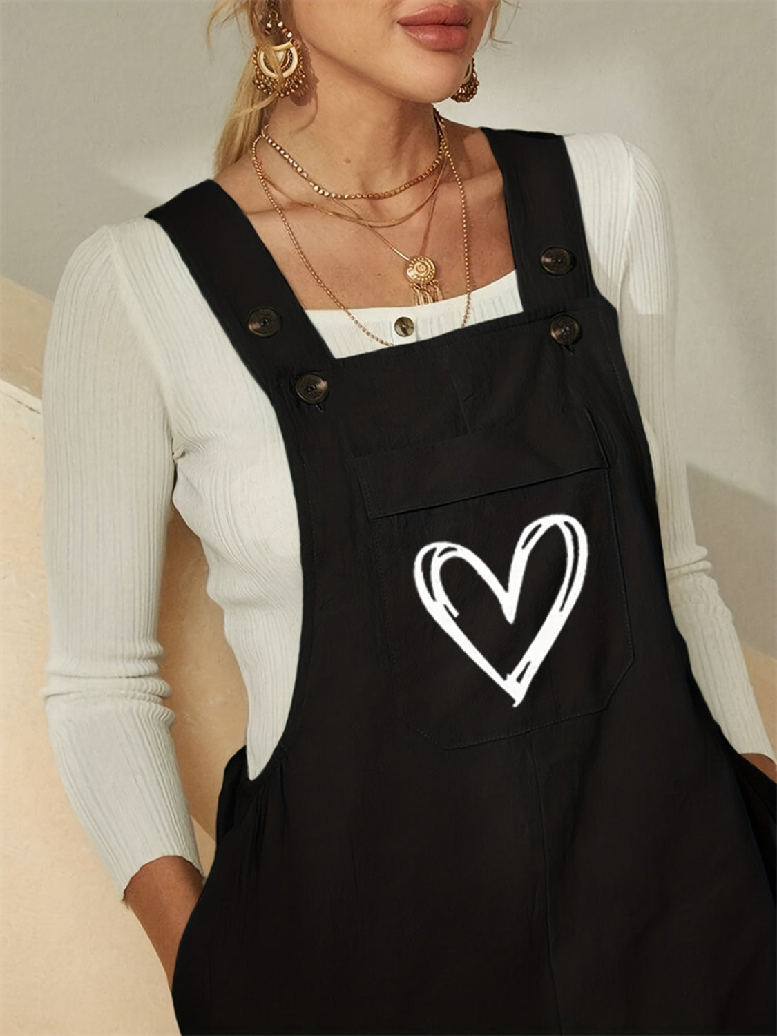 Heart Square Neck Wide Strap Overalls - Drazelle Store