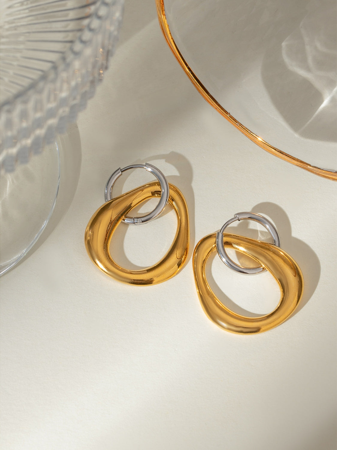 Gold-Plated Stainless Steel Contrast Asymmetrical Earrings-Drazelle Store