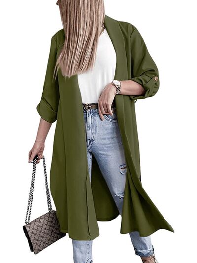 Slit Open Front Roll-Tab Sleeve Trench Coat - Drazelle Store