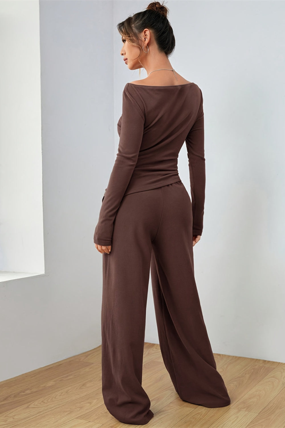 Boat Neck Long Sleeve Top and Pants Set - Drazelle Store