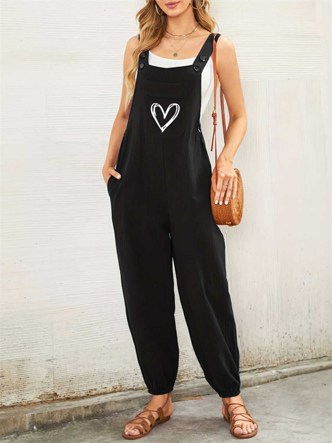 Heart Square Neck Wide Strap Overalls - Drazelle Store