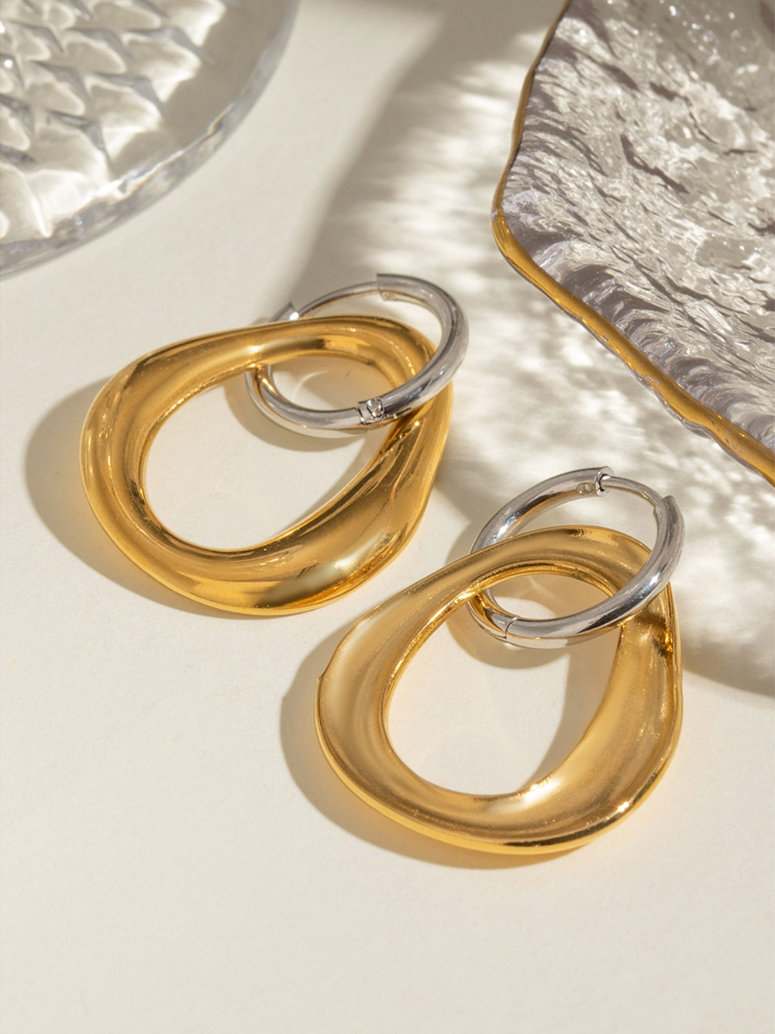 Gold-Plated Stainless Steel Contrast Asymmetrical Earrings-Drazelle Store