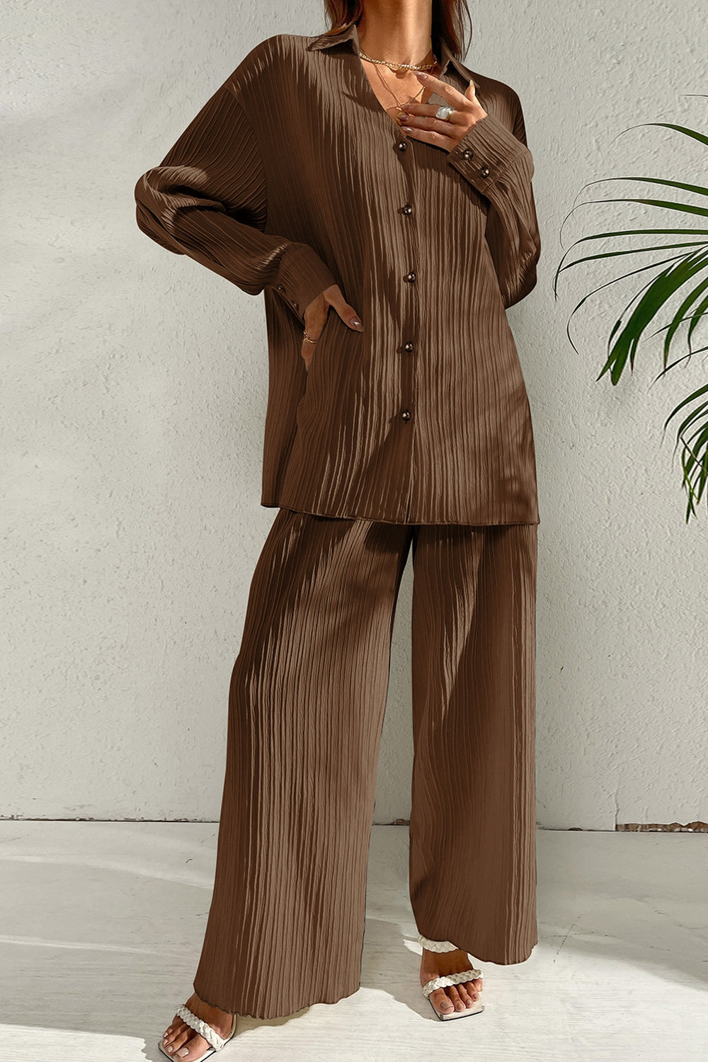 Johnny Collar Button Down Top and Pants Set - Drazelle Store