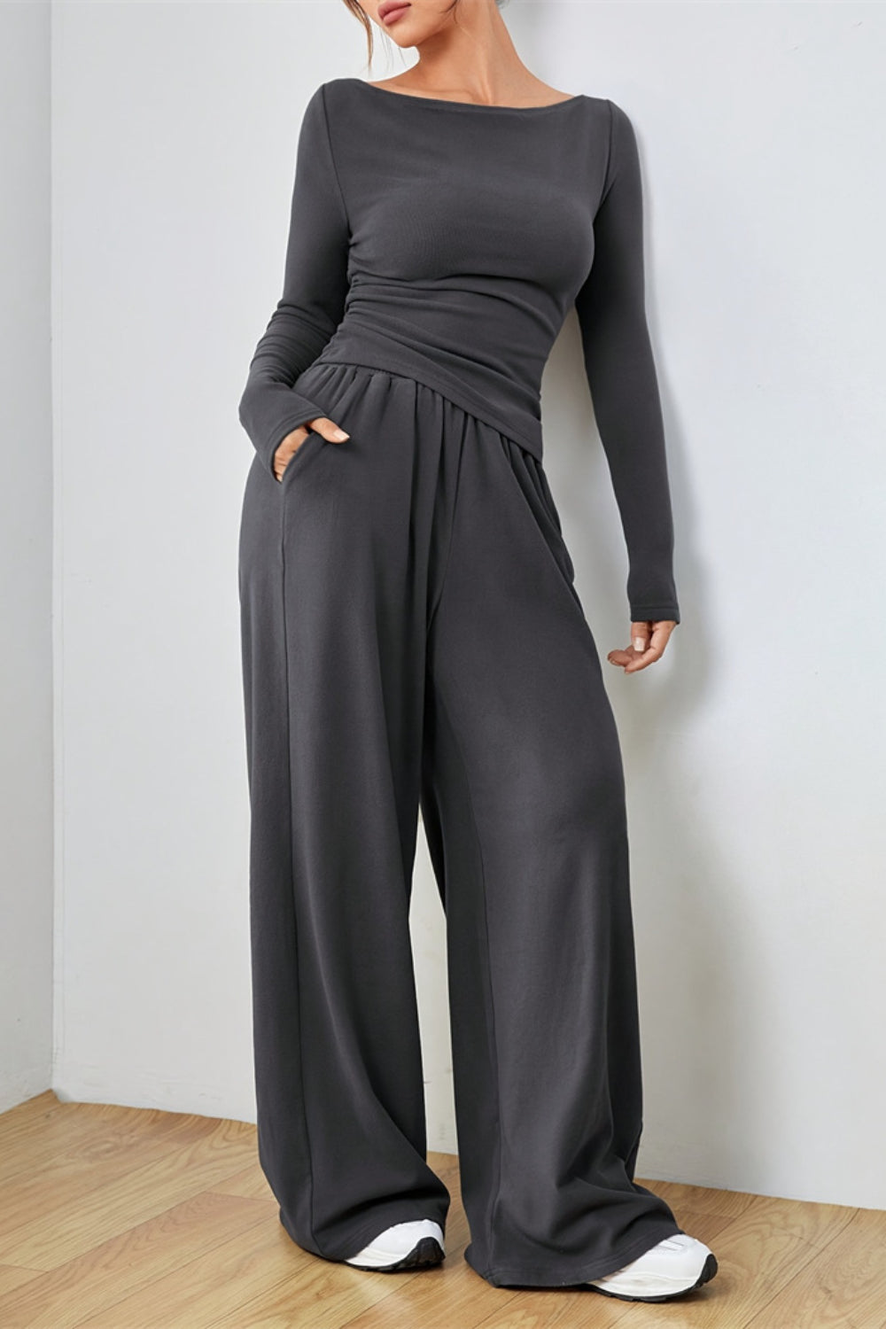 Boat Neck Long Sleeve Top and Pants Set - Drazelle Store