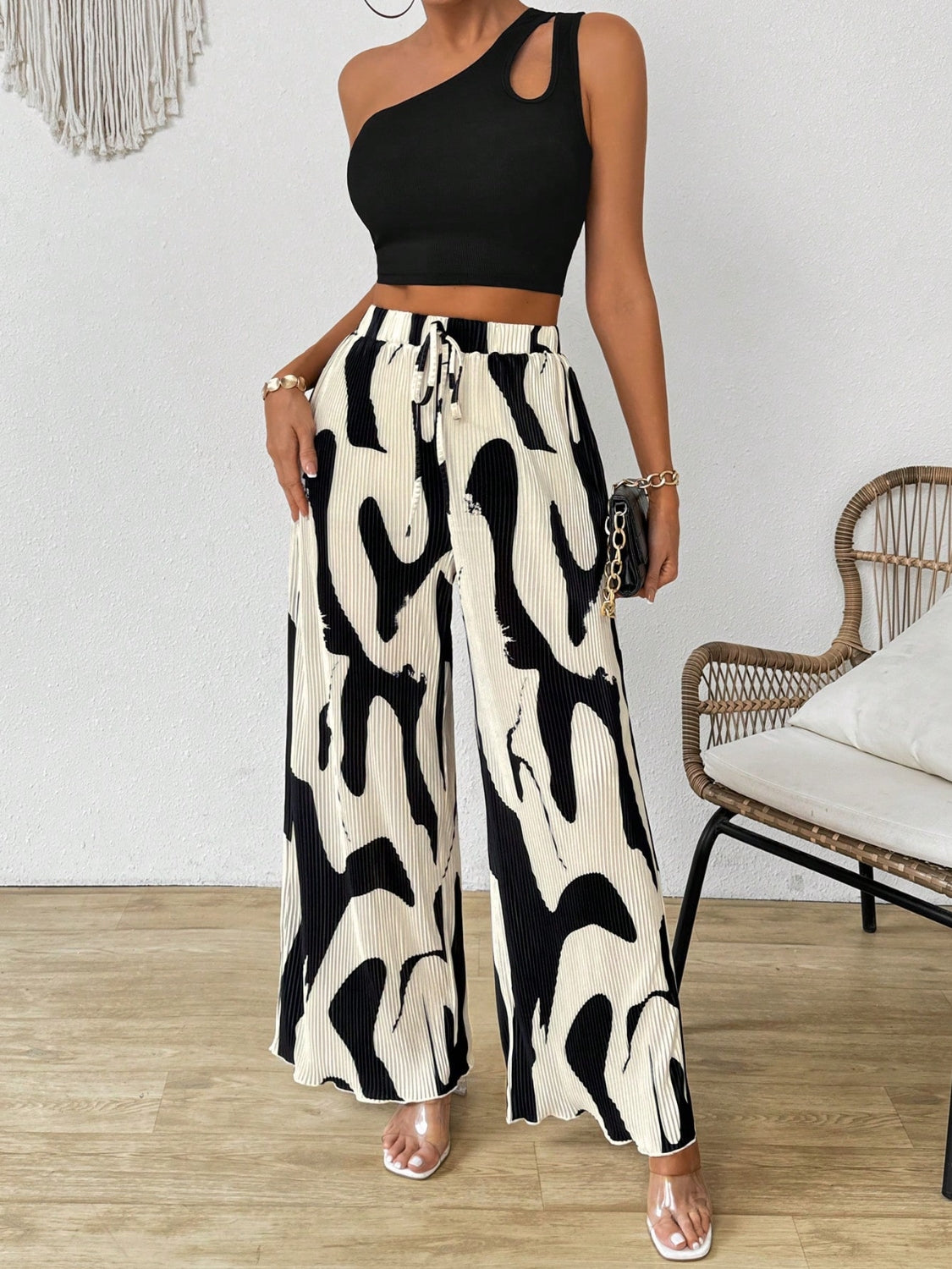 Cutout One Shoulder Top and Printed Pants Set - Drazelle Store