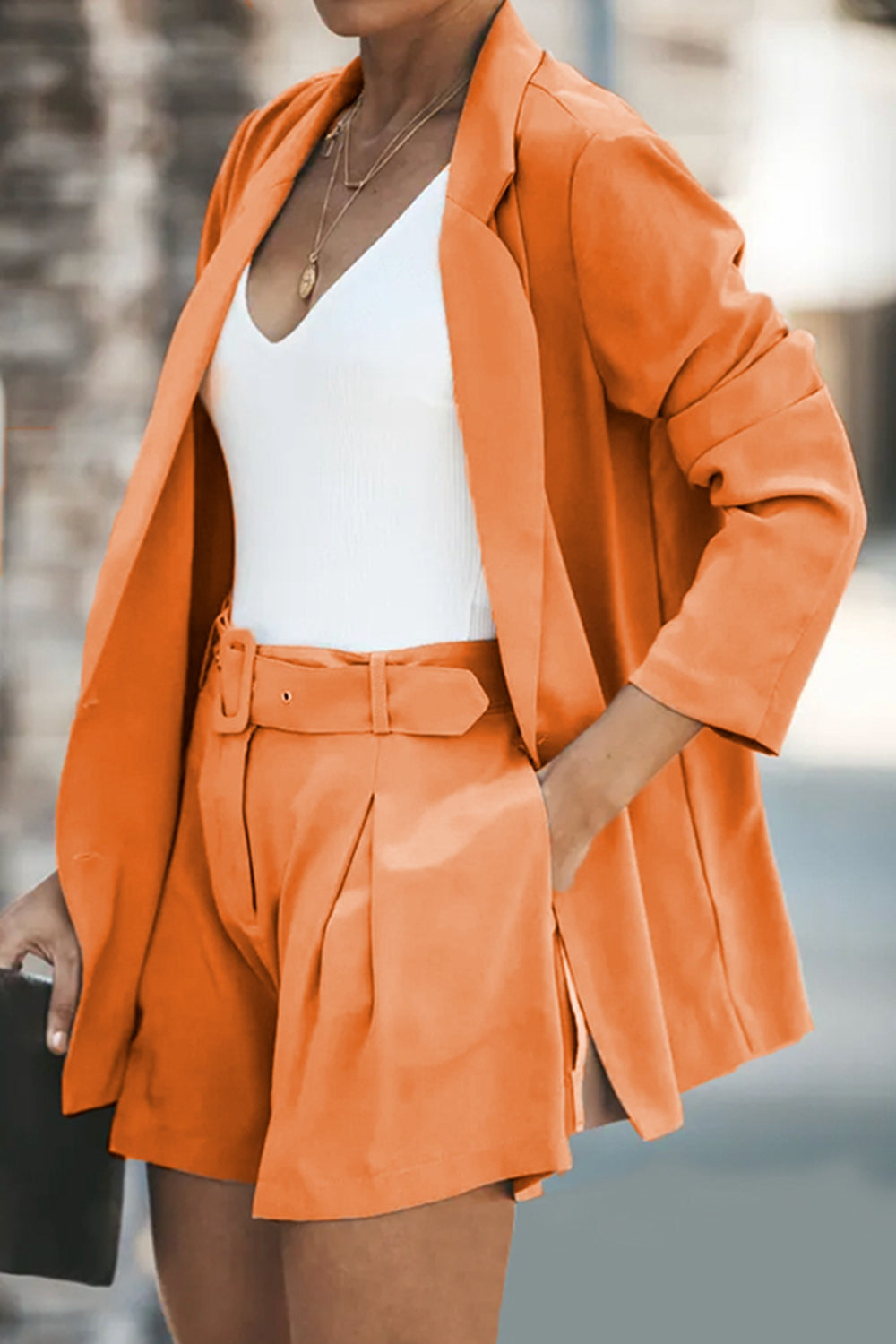 Longline Blazer and Shorts Set with Pockets - Drazelle Store