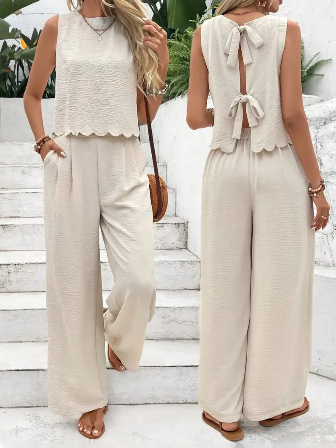 Tie Back Round Neck Top and Pants Set - Drazelle Store