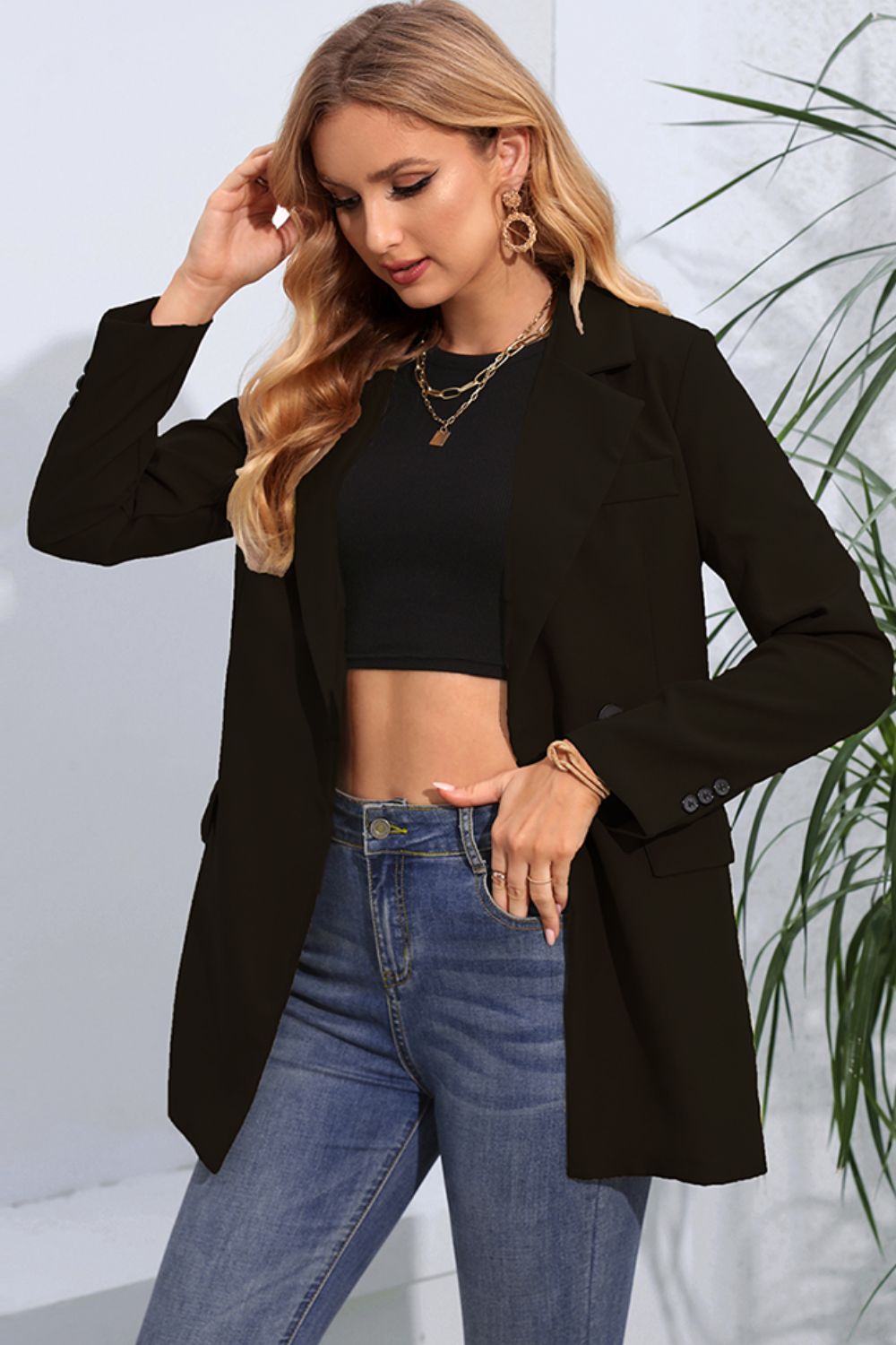 Lapel Neck Long Sleeve Blazer with Pockets - Drazelle Store