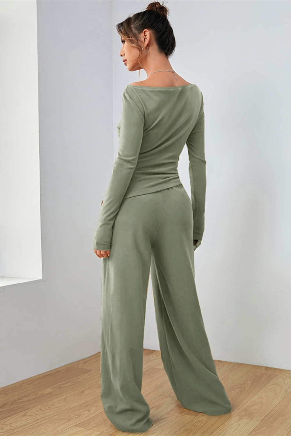Boat Neck Long Sleeve Top and Pants Set - Drazelle Store